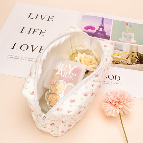 PAZIMIIK Small Quilted Makeup Bag,Zipper Cosmetic Pouch,Gauze - Product Imagery
