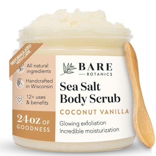 Bare Botanics 24oz Coconut Vanilla Sea Salt Body Scrub Natural Exfoliator – Coconut Vanilla, 24 Ounce (Pack of 1)