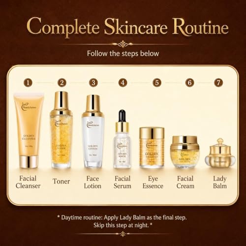 Golden Facial Skin Care Set with Cleanser, Toner, Lotion, Face - Product Imagery