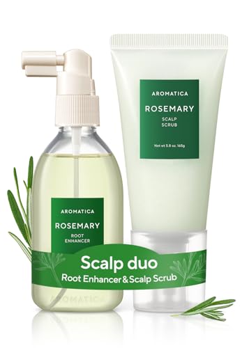 AROMATICA Rosemary Root Enhancer And Scalp Scrub Korean Hair Care Set – Vegan, Rose, 5.82oz / 165g 13.53oz /400ml 13.53o