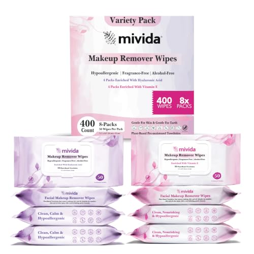 mivida Hypoallergenic Makeup Remover Wipes, Vitamin E+Hyaluronic, 8×50 Ct – Plant Based