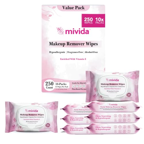 mivida Hypoallergenic Makeup Remover Wipes with Vitamin E | Dermatologist Tested Alcohol-Free, Fragrance-Free Face Wipes