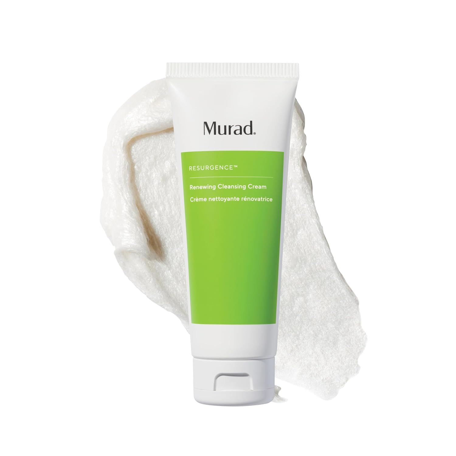 Murad Renewing Cleansing Cream face wash with lactic acid, showing creamy texture in a 5 fl oz bottle.