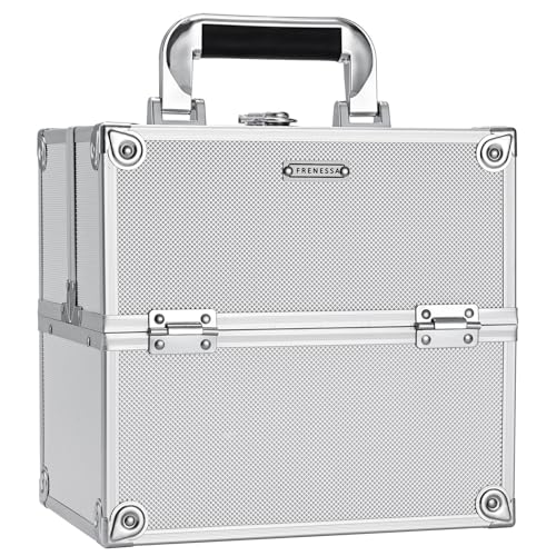 FRENESSA Makeup Train Case Makeup Organizer Box Portable Cosmetic Travel Case with Lock 4 Trays Aluminum Hard Vanity Box