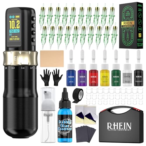 RHEIN New Tattoo Gun Kit Rechargeable - Wireless Tattoo Machine with 1800mAh Battery，20 Needles, 7 Ink Colors, 30 Ink Cu