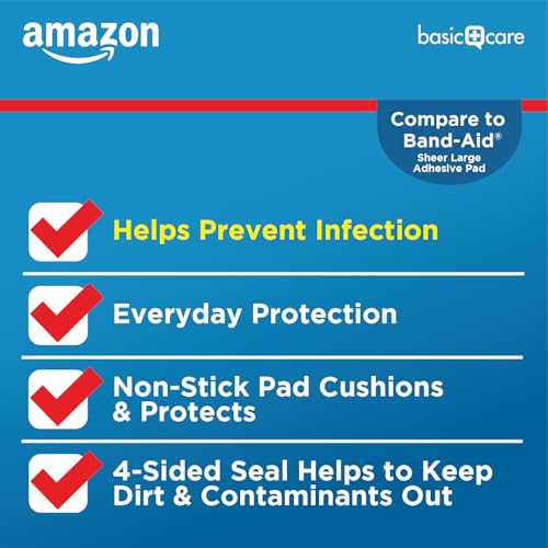 Amazon Basic Care Sheer Adhesive Pad Bandages for Minor Cuts, - Product Imagery