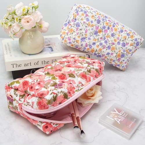 PAZIMIIK Small Quilted Makeup Bag,Zipper Cosmetic Pouch,Floral - Product Imagery