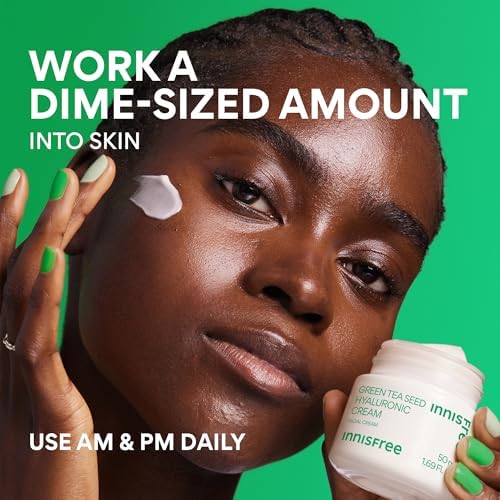 innisfree Green Tea Seed Hyaluronic Acid Cream, Korean face moisturizer with ceramide and skin barrier complex, fragrance-free.