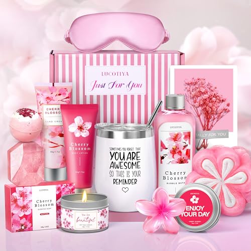 LUCOTIYA Gifts for Women Birthday Spa Gifts Set- 10 Pcs Christmas Valentine's Mother's Day Gift and Cherry Blossoms Self