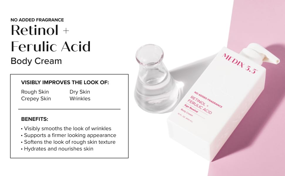 Medix 5.5 fragrance-free retinol face and body moisturizer in a 15 oz bottle, targeting crepey skin, wrinkles, and fine lines.