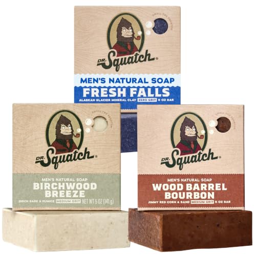 Dr. Squatch Natural Men’s Bar Soap, Body Soap Bar (5oz, 3-Pack) – Birchwood Breeze, Fresh Falls, Wood Barrel Bourbon