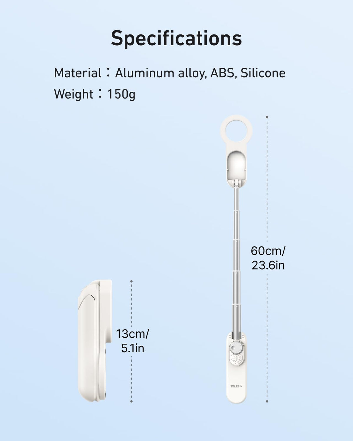 TELESIN Magnetic Mini Selfie Stick, Phone Tripod for iPhone 17 16 & Android – back view and specifications