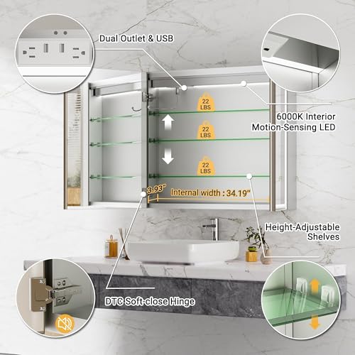 36x30 Lights Medicine Mirror Cabinet, Beveled Brushed Nickel - Product Imagery