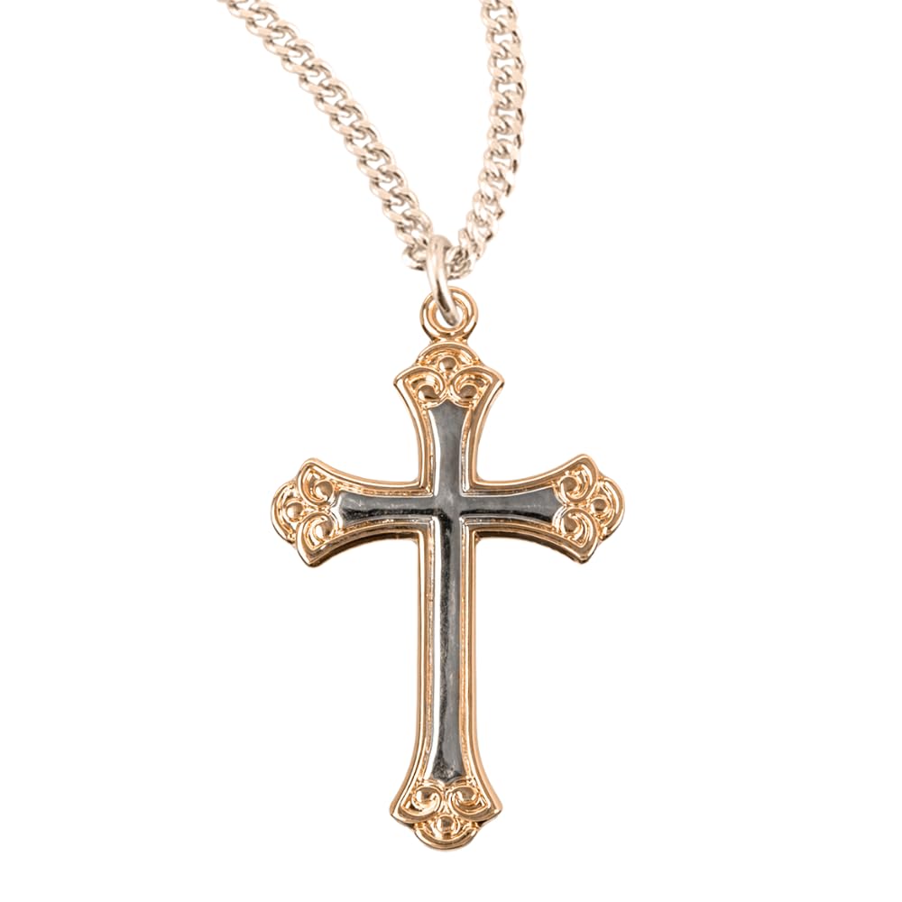 Everlasting Light Jewelry Women's 16kt Gold Plated .925 Sterling Silver Swirl Tip Two- Tone Cross Pendant, 1.1" x 0.