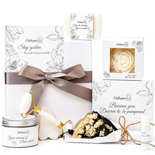 GIFTOPIA BOX Luxury Spa Gifts for Women, Pamper Self Care Gift Set with Shower Steamers, Body Scrub, Candle & Gua Sha, B