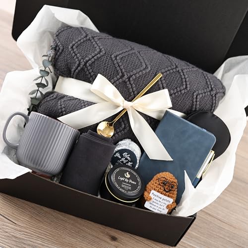 CASTATEO Thoughtful Comfort Care Package for Men & Women - Grey & Navy Gift Box with Knitted Blanket, Ceramic Mug & Posi