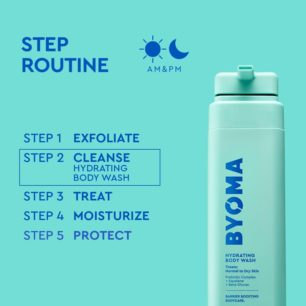 BYOMA Hydrating Body Wash, a skin cleaning agent with a clear gel texture, designed for gentle cleansing and hydration.