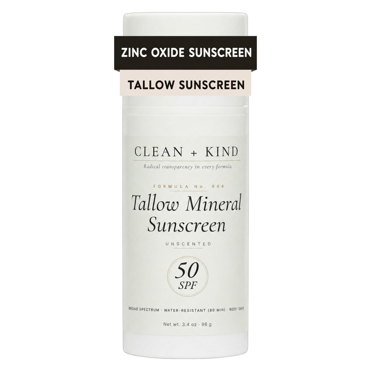 Clean + Kind Organic Beef Tallow Sunscreen SPF 50 Zinc Oxide Unscented – product photo (Body Sunscreens)