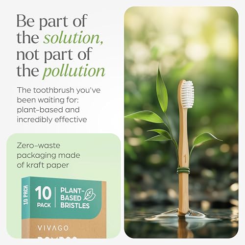 VIVAGO Bamboo Toothbrushes 10 Pack – Plant-Based Soft Bristles - Product Imagery