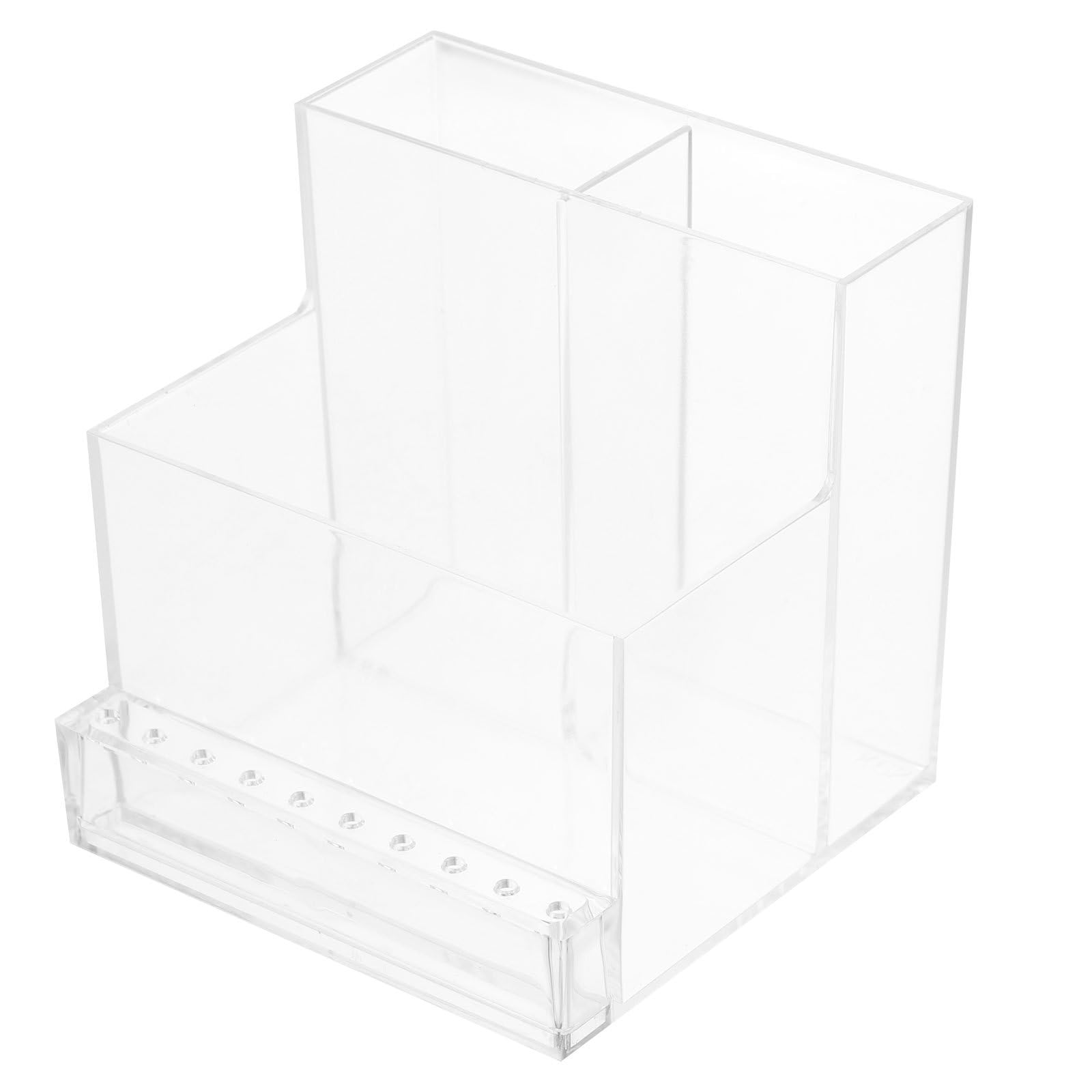 CLISPEED acrylic nail tool organizer caddy with multiple compartments for cosmetics, makeup, and beauty supplies on vanity.