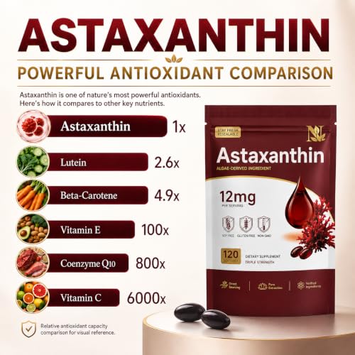Astaxanthin 12mg Supplement 120 Softgels, Premium Natural - Product Imagery