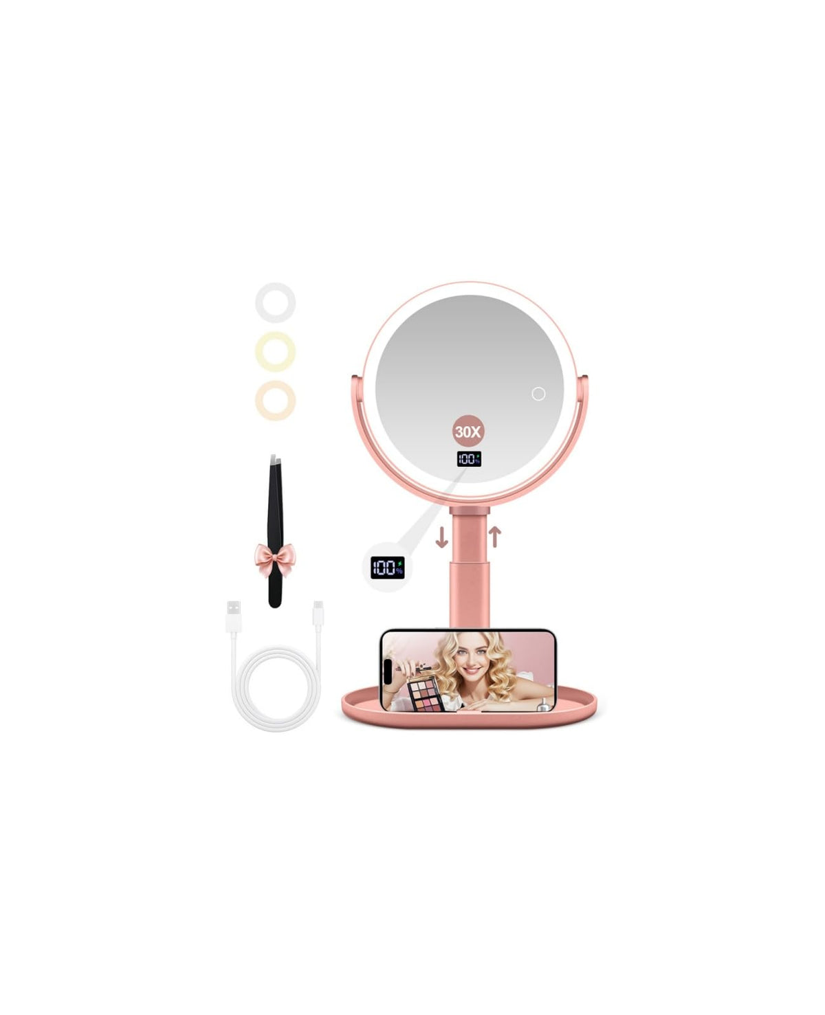 GOMIPURU Makeup Magnifying Mirror with Light 30X/1X, Digital Display, 2-Sided Touch Control, Makeup Mirror with 3 Color 