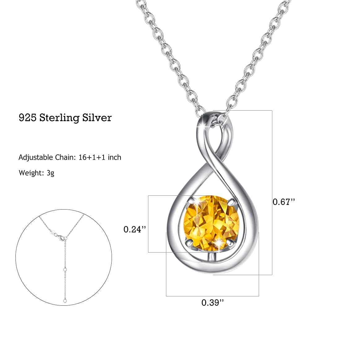FANCIME Dainty Infinity Birthstone Necklaces Sterling Silver Pendant – back view and specifications