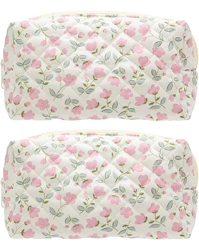 PAZIMIIK Small Quilted Makeup Bag,Zipper Cosmetic Pouch,Floral - Product Imagery