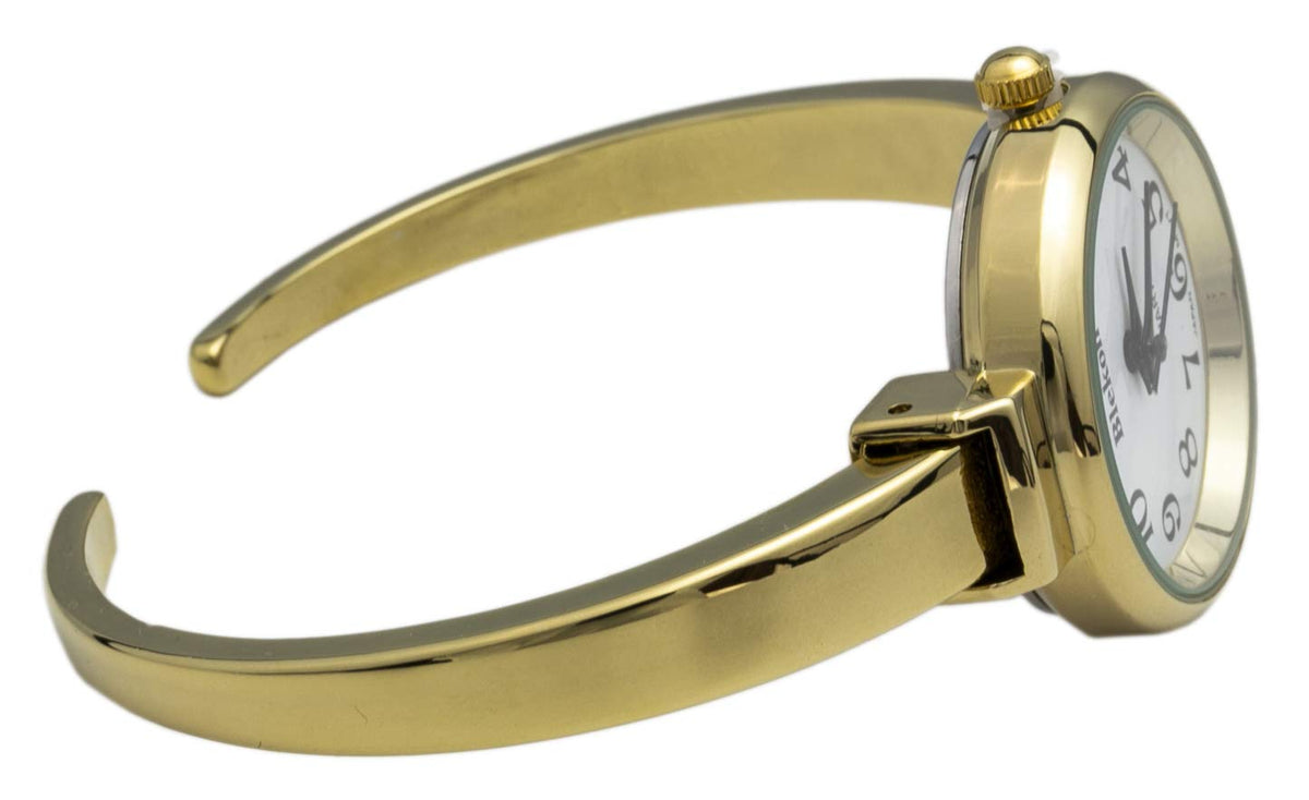 Blekon Collections Quartz Womens 26mm Delicate Metal Cuff Bangle Watch – close-up detail in Gold