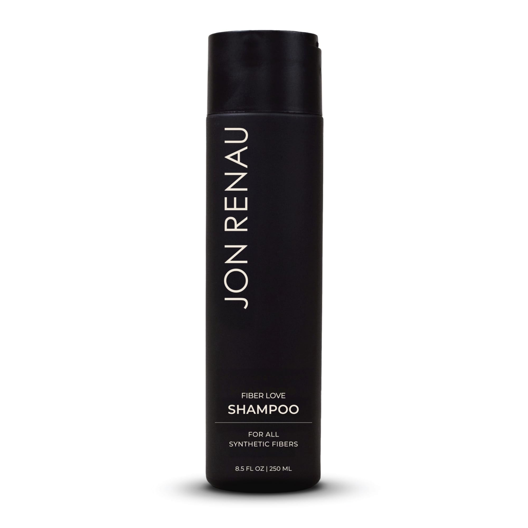 Jon Renau sulfate-free wig shampoo for synthetic hair, in a clear bottle with a pump dispenser, designed for gentle cleaning.
