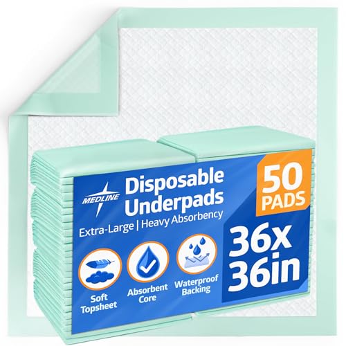 Medline Super Absorbent Underpad, 36" x 36", 50 Count, Extra Large Disposable Incontinence Pads, Protective Bed 
