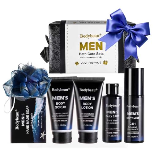 Beautifier Life Men's Bath and Body Spa Set, 7-Piece Kit with 3-in-1 Shower Wash, Body Scrub, Body Mist, 2-in-1 Handmade