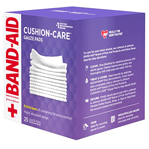 BAND-AID Brand Cushion-Care Gauze Pads, Large Size, 4 in x 4 in, - Product Imagery