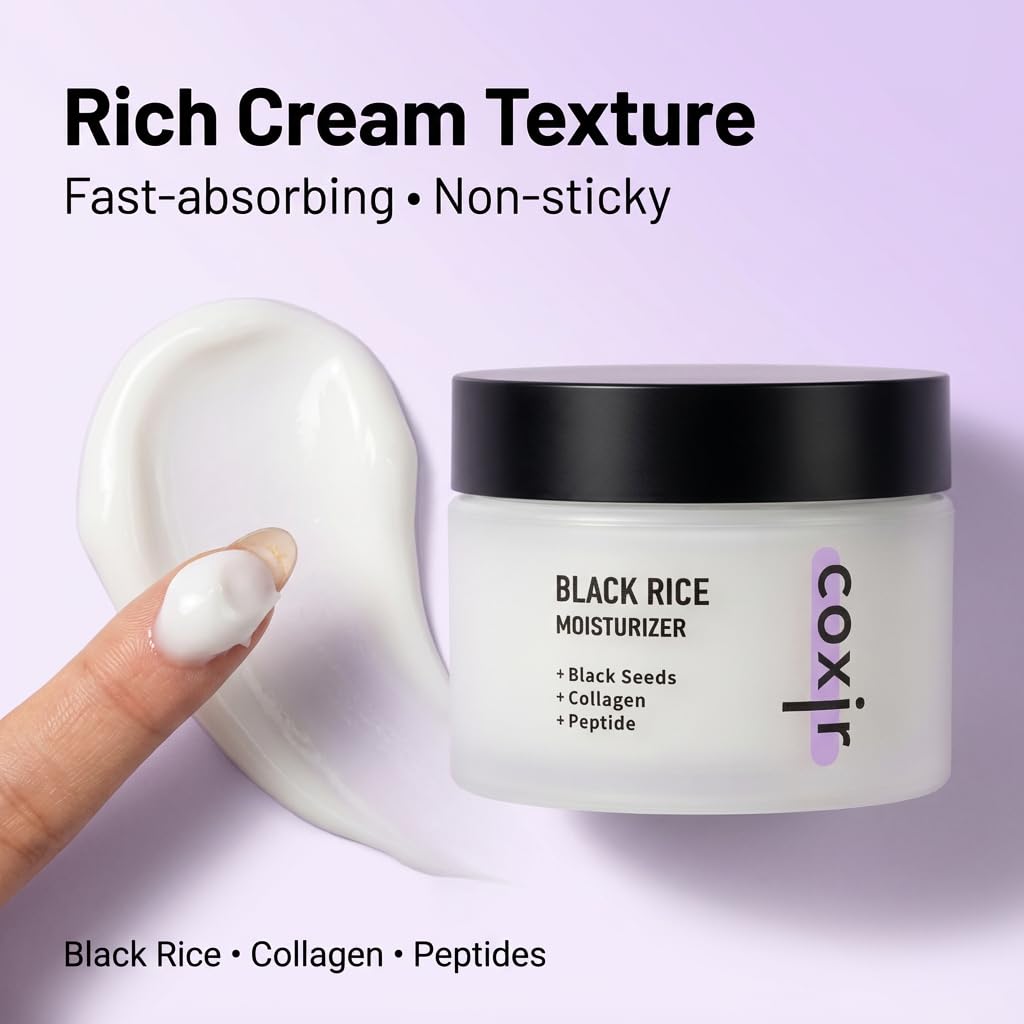 coxir Black Rice Moisturizer Face Cream, Niacinamide, 1.69 fl.oz – back view and specifications