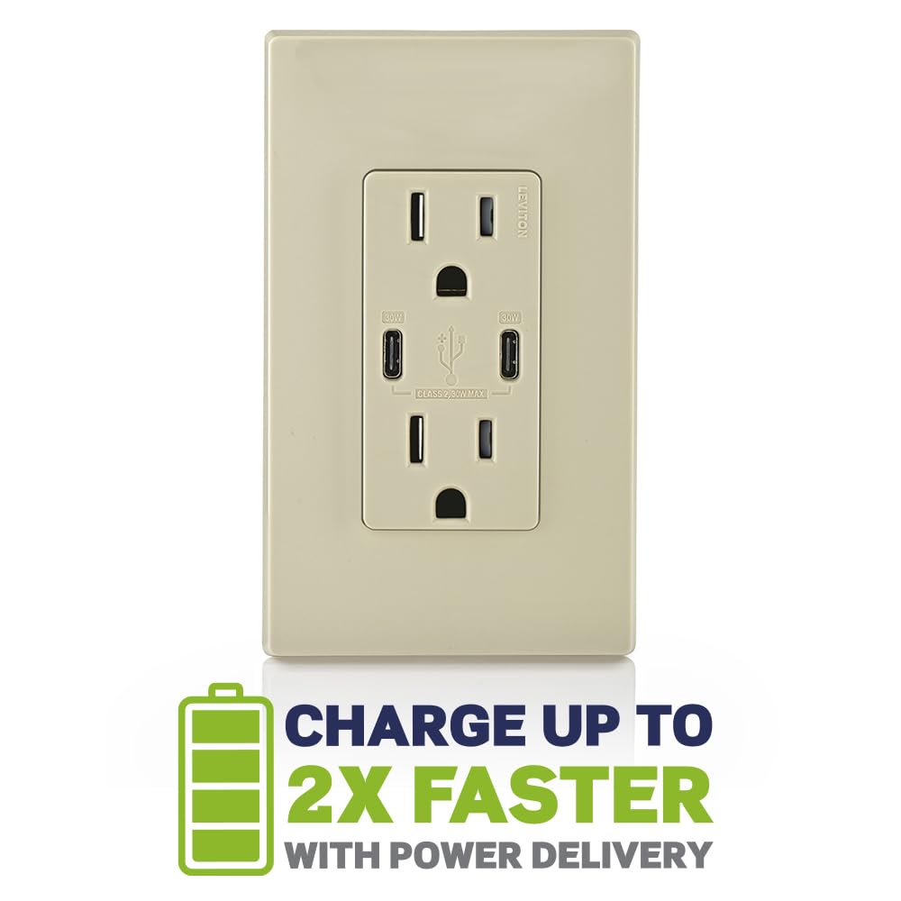 Leviton 30W (6A) USB Dual Type-C/C Power Delivery in-Wall Charger with 15A Tamper-Resistant Outlet, USB Charger for Smar