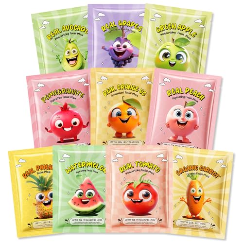 Kaely 10 Pack Fruit Face Masks for Kids, Kids Face Mask Spa Day - Product Imagery