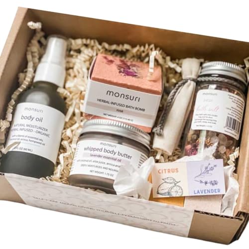 Monsuri Self Care Gift Basket for Mom: New Mommy Care Package Pampering Gift Set with Bath Accessories and Natural Skinc