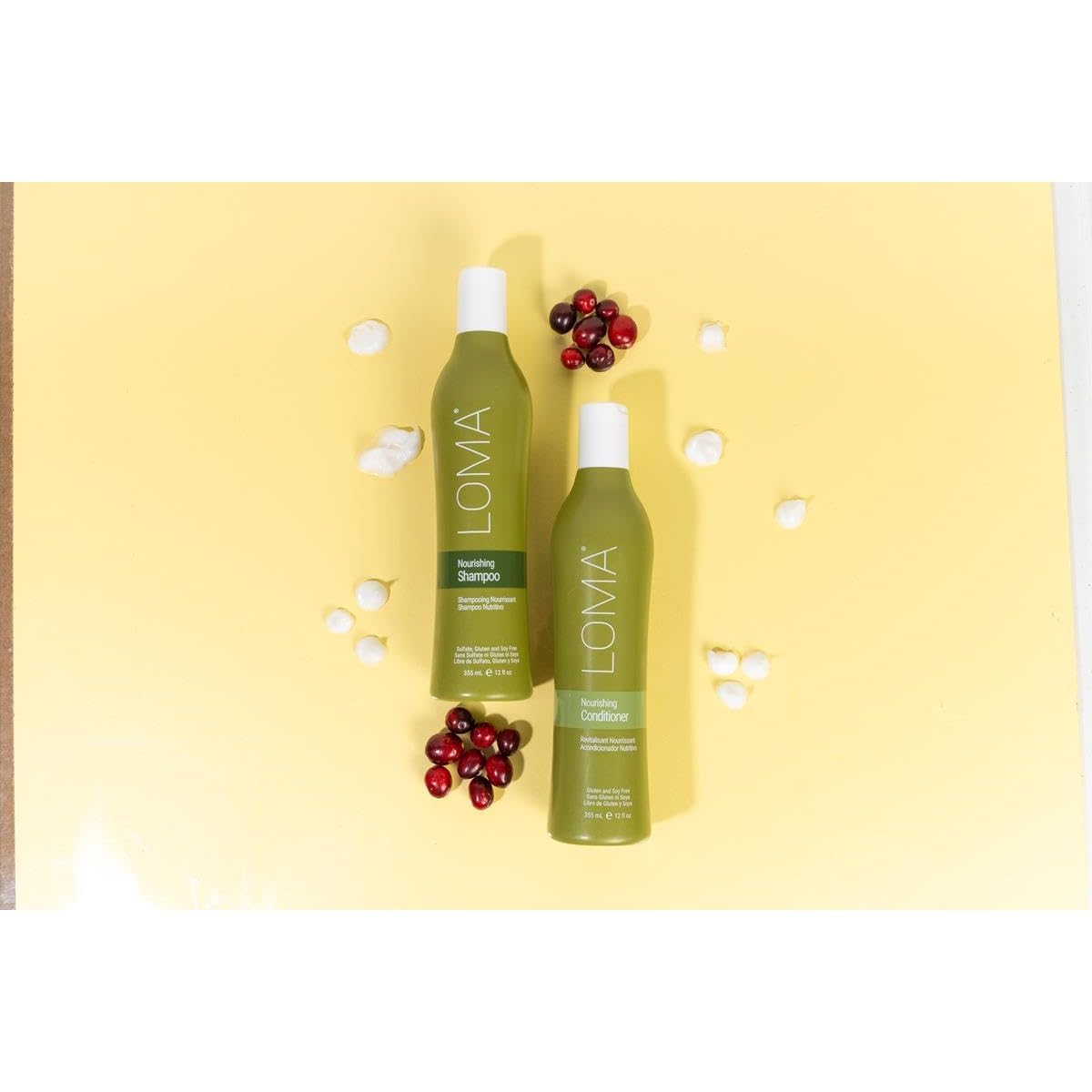 Loma Nourishing Conditioner 12 oz bottle, sulfate-free conditioner with creamy texture and white packaging for healthy hair.