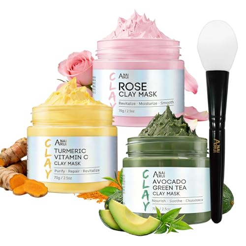 ANAI RUI 3 Pack Clay Mask Set, Rose,Turmeric, Avocado 2.5 oz Each - Product Imagery