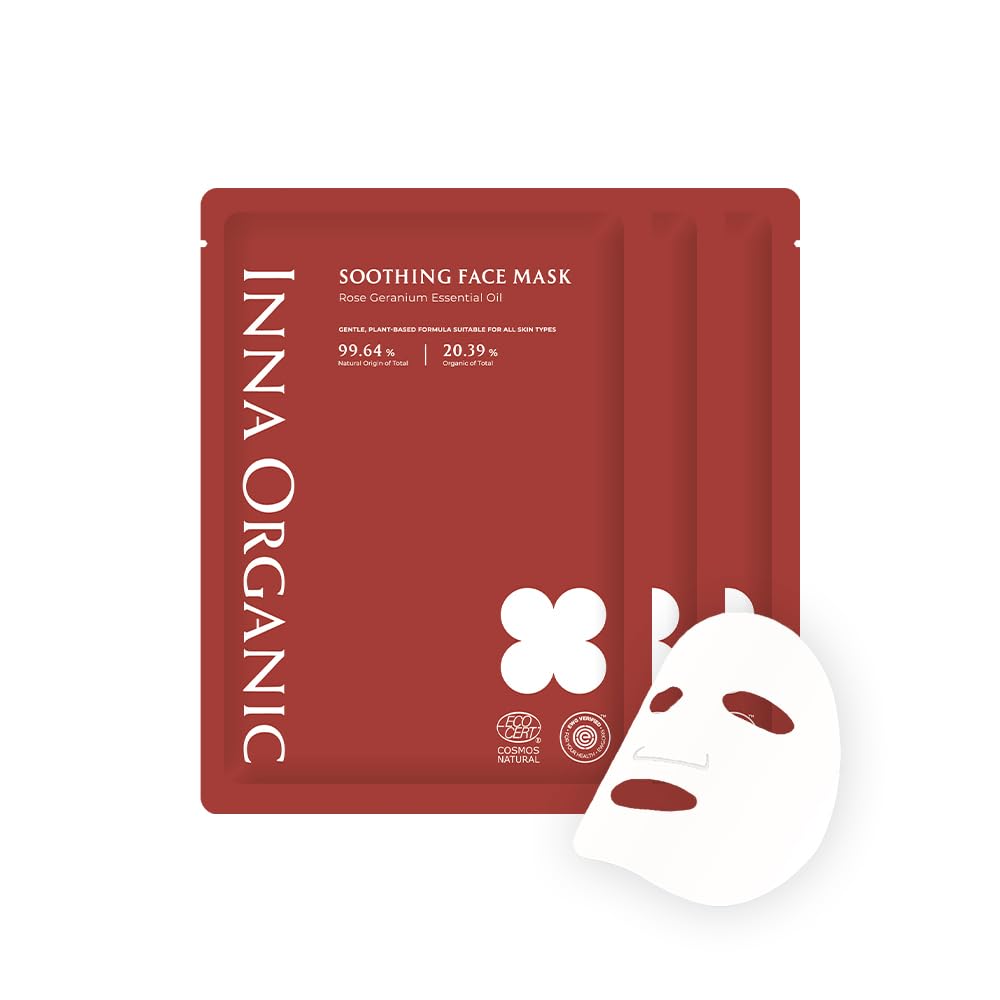 INNA ORGANIC Organic Sheet Mask Set, After Sun Care & Soothing Face Mask for Women, EWG & COSMOS Certified Clean Beauty,