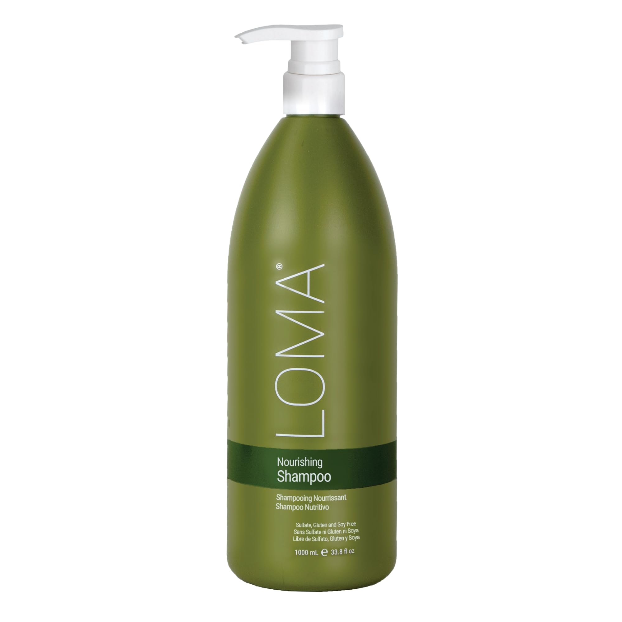Loma Nourishing Shampoo in a 33-ounce bottle, featuring a sleek design and clear labeling, for luxury hair care.