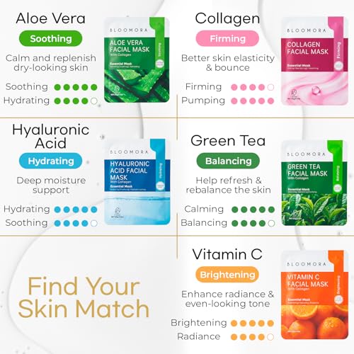 BLOOMORA 10 Pack Vitamin C + Collagen Face Mask Set, Vitamin C - Product Imagery