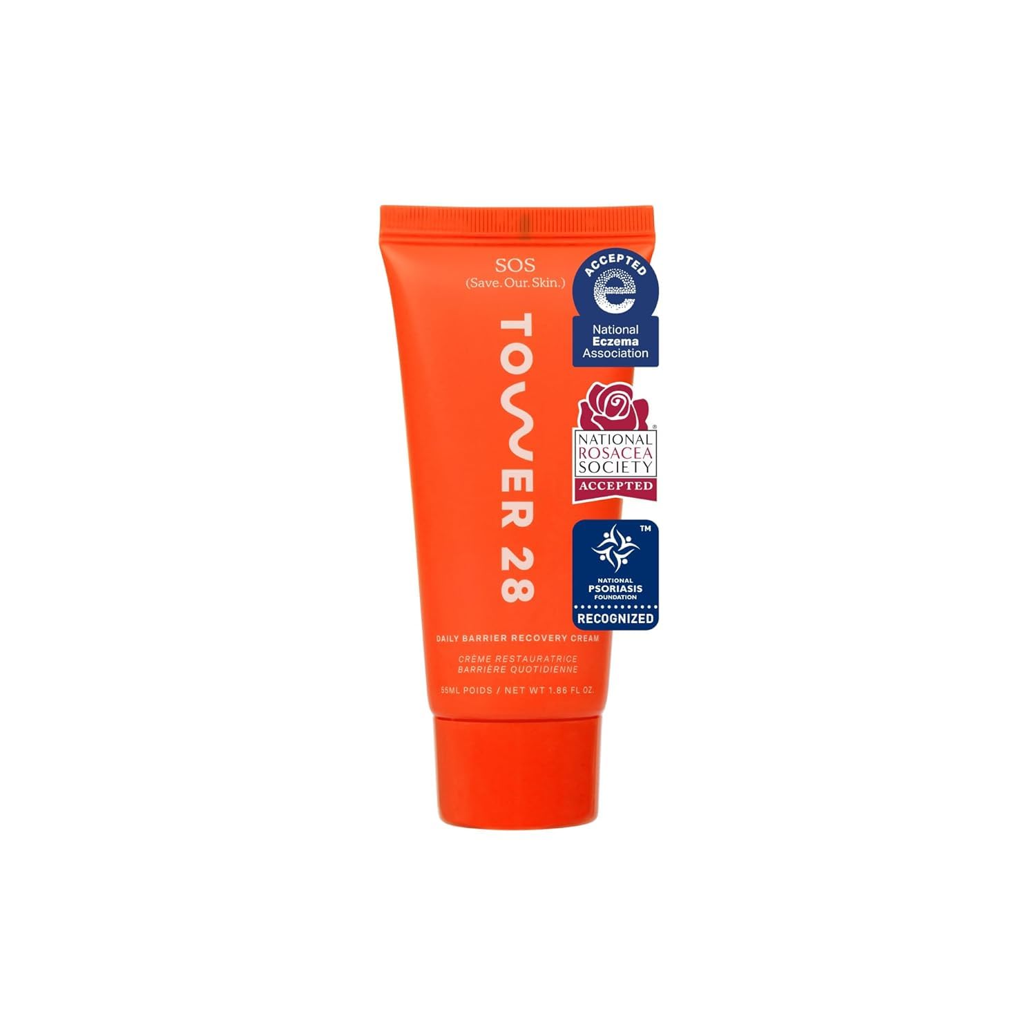 Tower 28 SOS Recovery Hydrating Face Cream for sensitive skin in a 1.86 oz jar, shown with smooth, creamy texture.