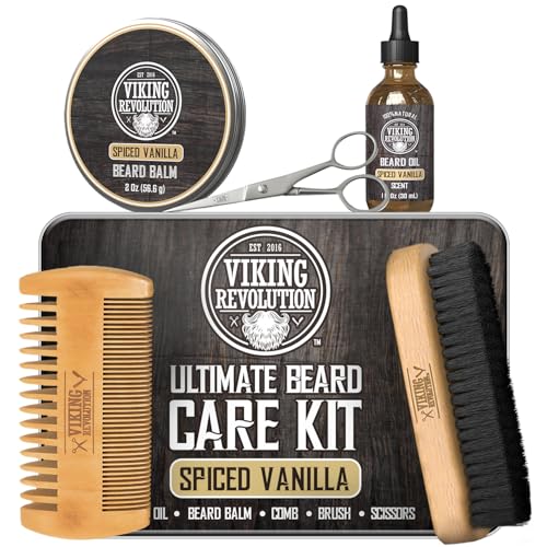 Viking Revolution - Ultimate Beard Kit Spiced Vanilla - Beard Grooming Kit for Men with Beard Brush, Beard Comb, Beard B