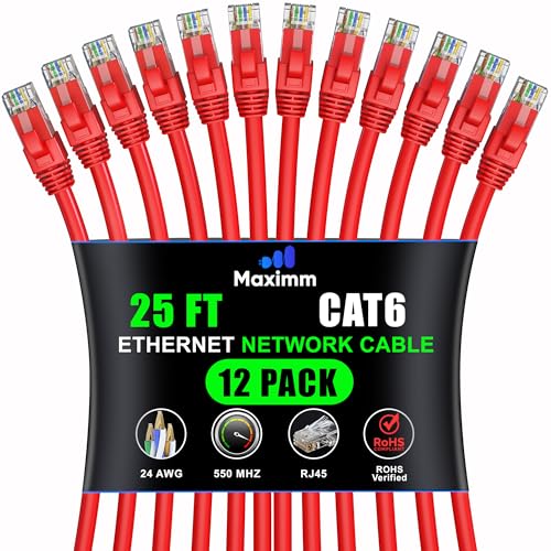 Maximm Cat6 Ethernet Cable 25 Ft, 10 Gbps 550 MHz, RJ45, Red, 12 Pack – White (PVC) Multi (PVC) Black (PVC) Black (Pvc) 
