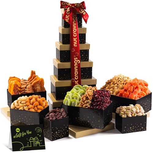 NUT CRAVINGS Halloween Dried Fruit & Nuts Black Gift Tower, 12 Assortments
