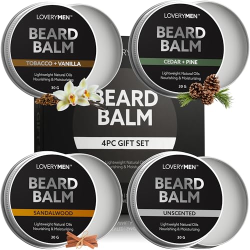 LOVERY Beard Balm for Men, Gift Set in Unscented, Sandalwood, Tobacco Vanilla, Cedar Pine Fragrances, All-Natural Wax, C