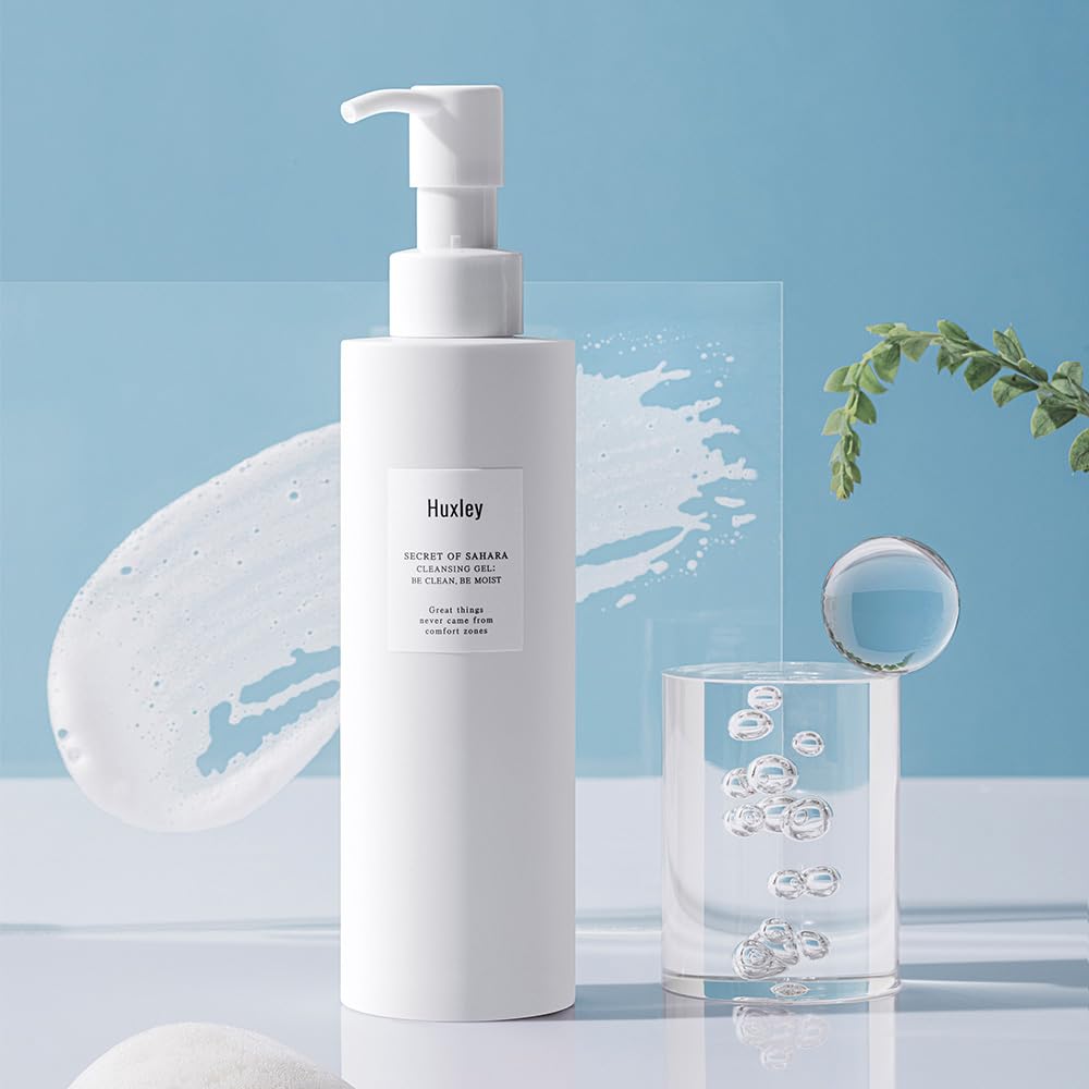 Huxley Secret of Sahara gel cleanser in a 200mL bottle, Korean gel-to-foam facial cleanser for daily makeup and sunscreen removal