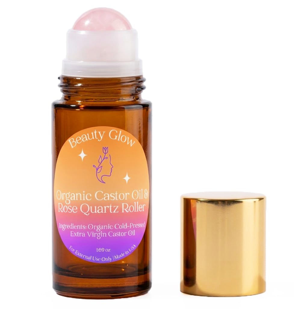 Beauty Glow Organic Cold Pressed Castor Oil with Rose Quartz Roll On for Face & Body Made in USA Hexane Free Pure for Sk