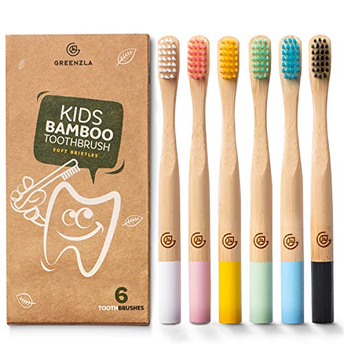 GREENZLA 6 Pack Kids Bamboo Toothbrush | Soft Charcoal Bristles - Product Imagery
